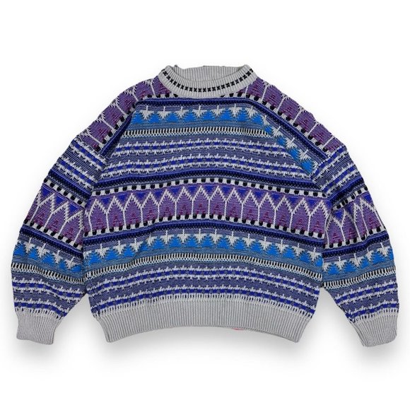 Vintage Grandpa Sweater Mens Large Gray Crewneck 90s Aztec Grunge Nubby Knit - Picture 1 of 11